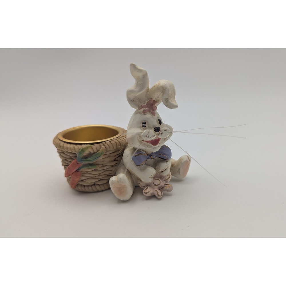 Easter Bunny Rabbit with Basket Tea Light Candle Holder Figurine Resin White